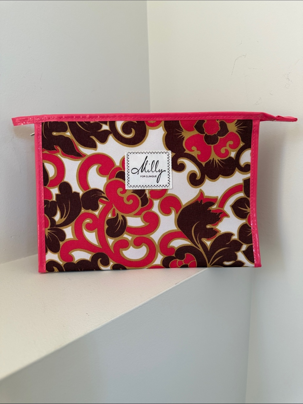 MILLY for Clinique Cosmetic Bag Pouch Floral Pink Piping Zip Top Travel Unused